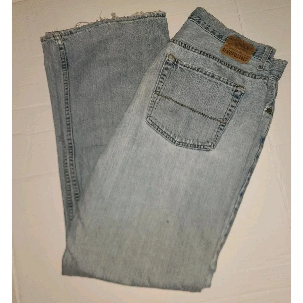 Y2K Aéropostale Men's Light Blue Benton Bootcut Jeans 33x34 Distressed Thrashed